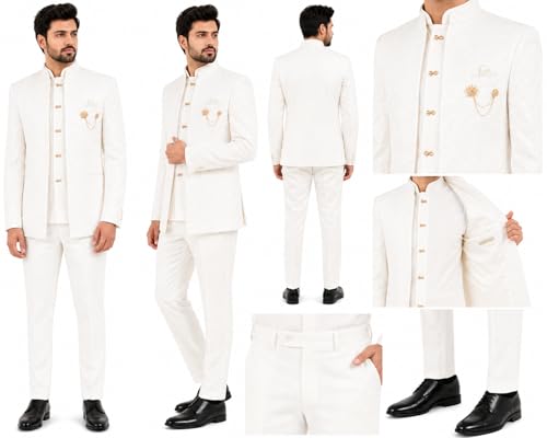 Image of Devansh Collection Men's White Achkan Sherwani Set | Dupion Silk Fabric | Mandarin Collar | Wedding, Reception & Ethnic Outfit