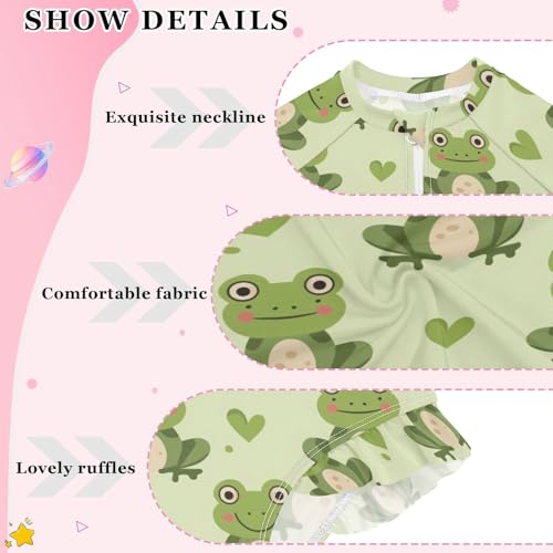 Green Frog and Love Heart Girls Long Sleeve Swimsuit Rash Guard One Piece Bathing Suits Zipper 3-12T4