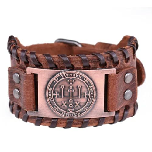 Ancient Talisman Seal of Solomon The Sigil of Archangel Raphael Charm Bracelet -Brown Leather, Antique Copper