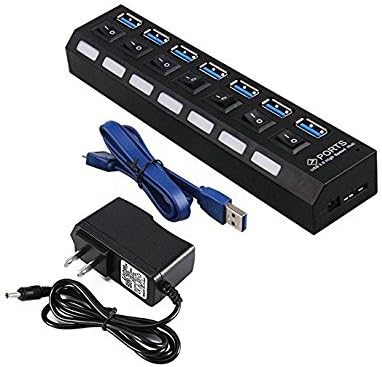Multi Port 7-Port USB 3.0 Data Hub Super Speed Multiple Devices with Power Adapter,Switches,LED Power Indicator,1.75ft USB 3.0 Data Cable for PC Laptop Computer