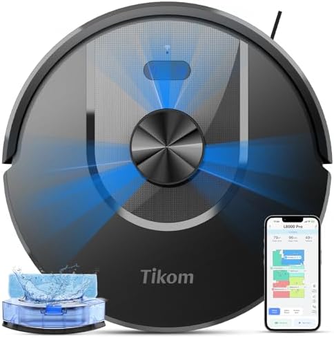 Tikom Robot Vacuum and Mop Combo, 6000 Pa Automatic Robotic Vacuum Cleaner, Smart Mapping, 150 Min Max, Ideal for Pet Hair, Hardfloors, Carpets, Home(L8000 Pro)