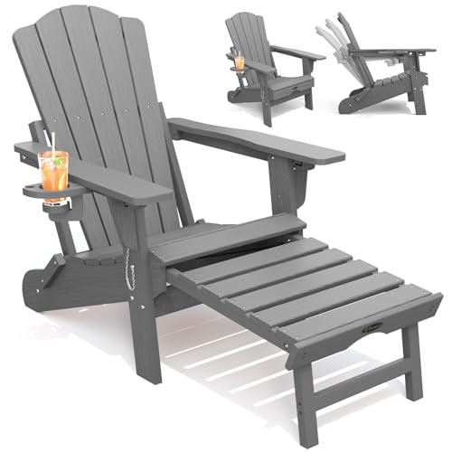 THOEOE Adjustable Adirondack Chair with Retractable Ottoman, HDEP Folding Adirondack Chairs with Footrest 2-in-1 Cup Holder, All Weather Outoor Fire Pit Chair with Foot Rest Set 1 Grey