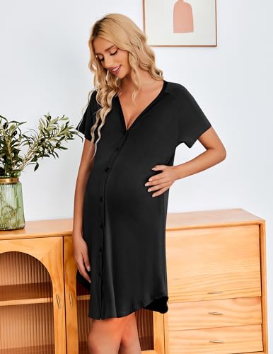 Image of Ekouaer 3 Pack Women's Nightshirt Button Down Nightgown Short Sleeve Sleepshirt V Neck Pajama Dress with Pockets