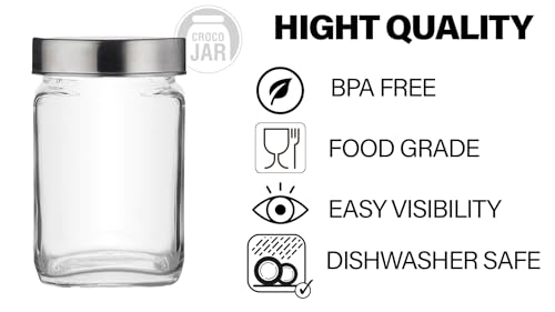 Image of Croco Silver Steel Transparent Clear L Lid Square Cube Glass Jars (Cubical Set of 12, 800 ml)