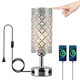 OURLOVEII Moderne Chrom Kristall Tischlampe mit Ladefunktion, Nachttisch Kristalllampe mit USB Anschlüssen und AC Steckdosen, E27 Tischleuchte mit Kristall Lampenschirm für Schlafzimmer