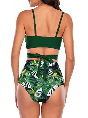 Image of American Trends Women's Two Piece Swimsuits Athletic High Waisted Bathing Suits Halter Sporty Swimming Swimwear for Women Green Print L