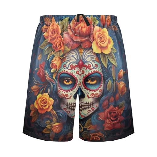 ALAZA Dia Muertos Mexican Day Of The Dead Girl Sugar Skull Men's Pajama Shorts with Pockets