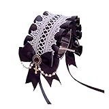Lolita Headband lace Border Pearl Chain Cross Japanese Black red Girl Maid Headdress (Balck)
