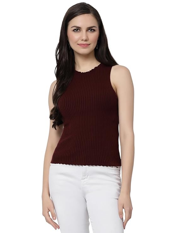 Image of Kalt Womens Knitted, Ribbed Cotton Fitted Sleeveless Round Neck Cami Tank Top