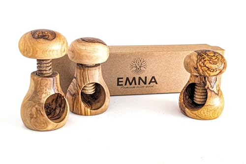 EMNA – Regalo de madera de olivo, juego de 3 cascanueces de madera de olivo, hecho a mano en forma de seta con rosca de tornillo, alta calidad, diseño único, familia, en elegante caja de regalo