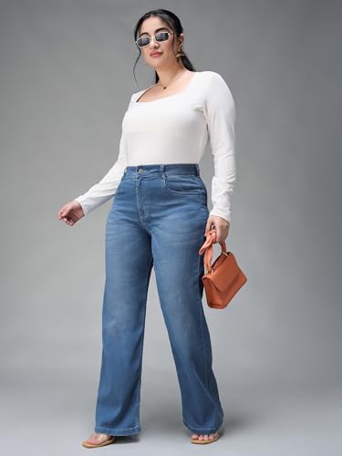 Image of Miss Chase A+ Women's Wide-Leg Mid Rise Regular Length Blast Effect Denim Jeans