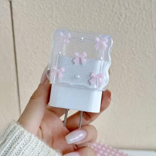 Image of Compatible with iPhone Cute Cat Charger Case Cover | Cartoon Character Silicone Charger Case Cover for 18-20W 360 Degree Full Protection Cover (Pink-Small-Bow)