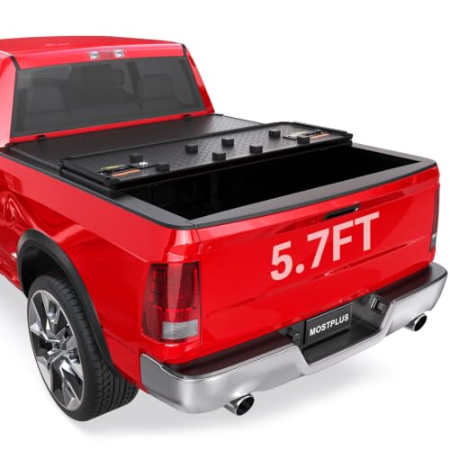 Image of MOSTPLUS 5.7ft Tri-Fold Hard Truck Bed Tonneau Cover Compatible with 2009-2026 Dodge Ram 1500 Fleetside Inclu. Classic & New Body(w /o Ram Box) (5.7 FT Bed) On Top-67.4 in