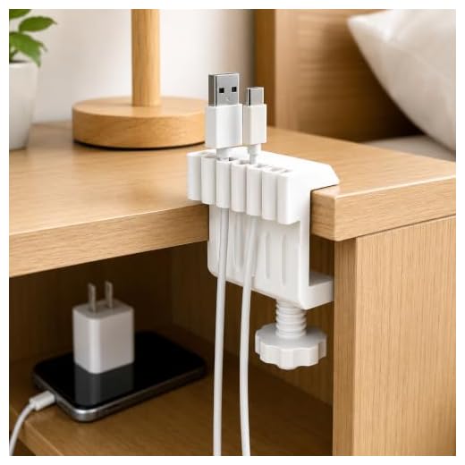 Adjustable Cable Organizer Clip, Multi-Slot Cord Holder, Detachable Desk Wire Keeper for Charging Cables (White)