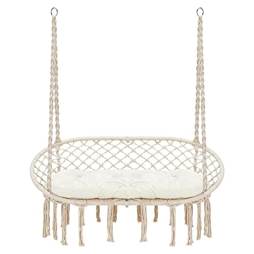 Homgava Hammock Chair Macrame Hanging Swing with Cushion,Hanging Cotton Ropes, Metal Frame, 450 lbs Capacity Indoor Outdoor, Patio, Balcony, Living,Deck, Yard, Garden(Double Swing)