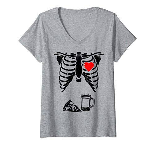 Donna Skeleton Pregnancy Shirt Pizza Beer Xray Halloween Soon Dad Maglietta con Collo a V