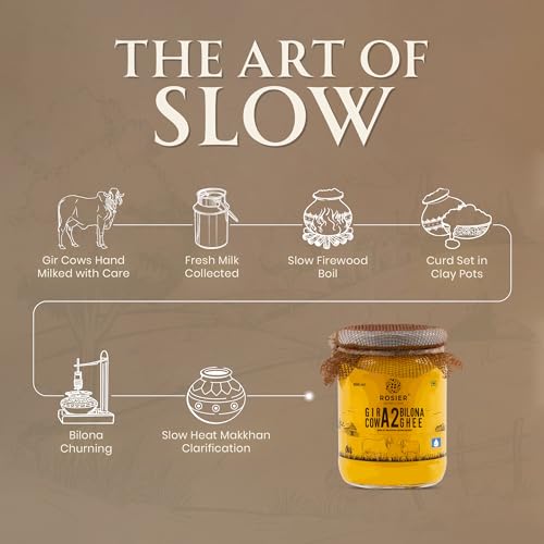 ROSIER A2 Gir Cow Ghee (500 ml) | Traditional Bilona Method A2 Ghee | Grassfed, Pure and Healthy Desi Cow Ghee (Glass Bottle - 500 ML)