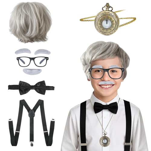 TaikaoQi Old Man Costume for Kids 100 Day of School Costume for Boys – Grandpa Cosplay Accessories with Wig, Watch, Glasses, Bow Tie, Suspenders, Eyebrows & Mustache