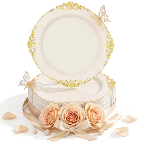 Nervure 100PCS Ivory Plastic Plates - 10.25inch Ivory and Gold Disposable Plates - Heavyweight Dinner Plate for Wedding & Party & Mother's Day
