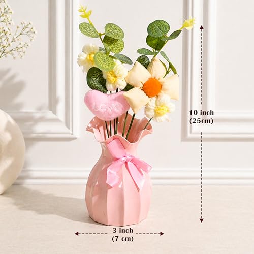 Image of Art Street Handmade Crochet Flower Vase with Love Heart Cushion | Artificial Knitted Flowers & Fabric Daisy with Green Leaves | Decorative Pink Vase with Ribbon for Birthday, Anniversary, Valentine