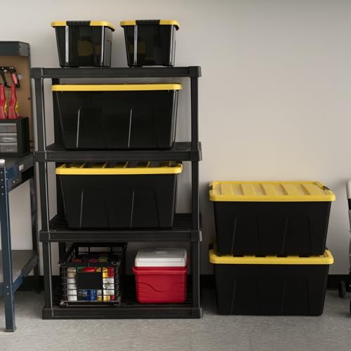 Image of IRIS USA 94 Qt Stackable Plastic Storage Bins with Lids, 4 Pack - BPA-Free, Made in USA - Garage Organizing Solution, Latches, Durable Nestable Containers, Secure Pull Handle - Black /Yellow