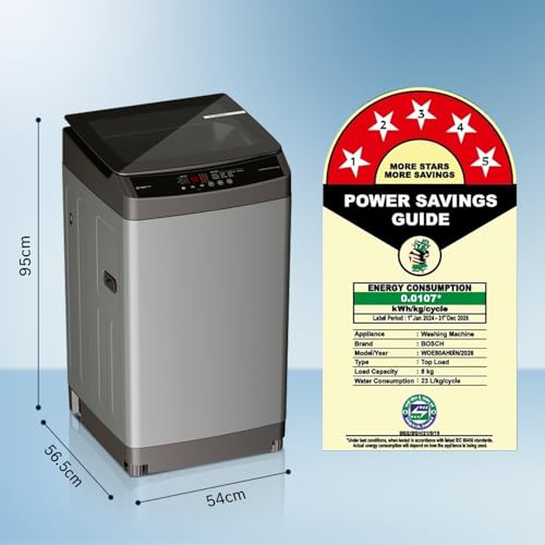 Image of Bosch 8 kg 5 Star Fully Automatic Top Load Washing Machine,PowerWave Wash,Inbuilt Dual Lint Filter, Stainless Steel VarioDrum with 5 fin Pulsator, Flex Drain, Water Save,Dark Grey (WOE80AH0IN)
