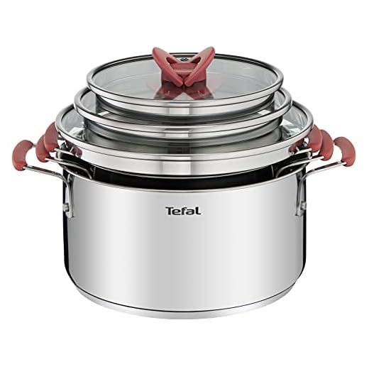Tefal OptiSpace - Juego de 3 Cacerolas + 3 tapas: Cacerolas de 18, 20 y 24 cm de acero inoxidable, 3 tapas planas, asas antideslizante toque frío, marcas de medida, todo tipo de cocinas