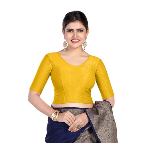Image of FINESTFIT Round Neck Stretchable Elbow Sleeve Readymade Saree Blouse for Women, 100% Cotton Dobby Fabric