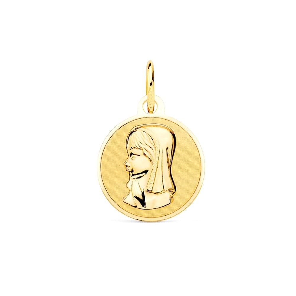 Medalla Oro 18K Virgen Niña 14mm. Lisa Redonda Virgen Relieve Borde Brillo - Personalizable - Grabación Incluida En El Precio