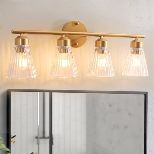 Image of 4-Light Bathroom Vanity Light, Painted Gold Bathroom Light Fixtures Over Mirror with Stripe Glass, Modern Wall Lamp, Wall Sconces Lighting for Living Room Bedroom Kitchen Hallway