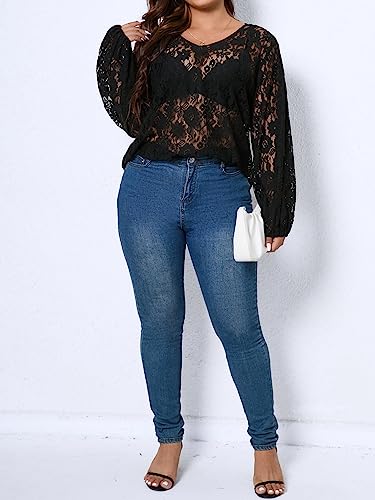 Floerns Women's Plus Size V Neck Long Sleeve Floral Lace See Through Blouse Tops4