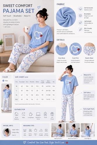Image of Women's Pure Cotton Nightwear Set - Cute Printed Lavender Half Sleeve T-Shirt and Pajama Set for Girls, Comfortable Loungewear & Sleepwear