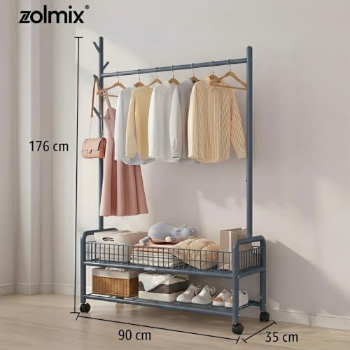Image of ZOLMIX Metal Garment Rack With Wheels & 2 Bottom Mesh Shelves | Clothes Hanging Stand, Coat Hanger Stand For Home, Cloth Rack For Bedroom, Clothing Rack Organizer For Clothes, Bags & Shoes (Grey)