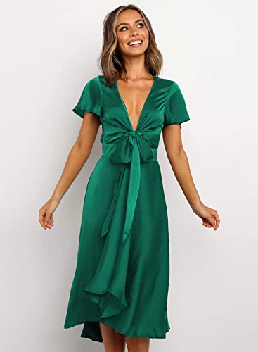 Image of miduo Womens Satin V Neck Ruffle Short Sleeve Tie Front High Waist Midi A-Line Maxi Dresses