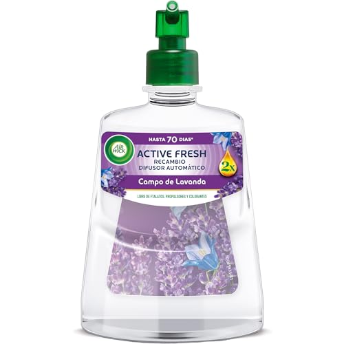 Air Wick Active Fresh Spray Automático Sin Aerosol, ambientador hogar neutralizador de olores con fragancia a Campo de Lavanda, 2 veces más aceites esenciales, Recambio 228 ml