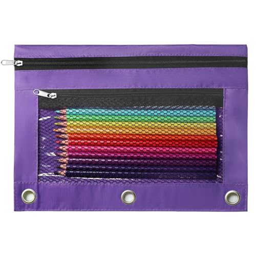 Image of Pencil Pouch for 3 Ring Binder, Heavy Duty Canvas Dual Zipper Pen Bag with Clear Window, Smooth Metal Zipper, Fit Standard 3-Ring Binders for School Office Travel Supplies (Purple)