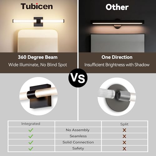 Image of Tubicen LED Vanity Light Linear Vertical Wall Sconce Dimmable 25in | 360 Full Lighting, 12W Vanity Light Bar Modern Slim Wall Light Fixture for Living Room Bathroom Bedroom, Warm White, Black