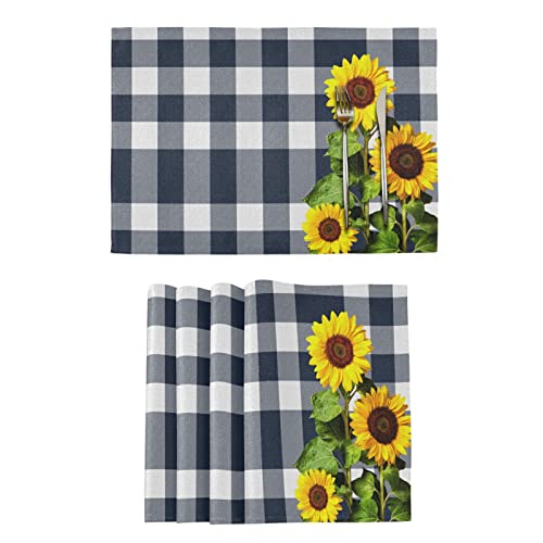 Sunflower Placemats Set of 6 Blue White Buffalo Plaid Place Mats Yellow Kitchen Table Mat Washable Heat Resistant for Dining Table Patio Decoration, Navy Blue Checkered