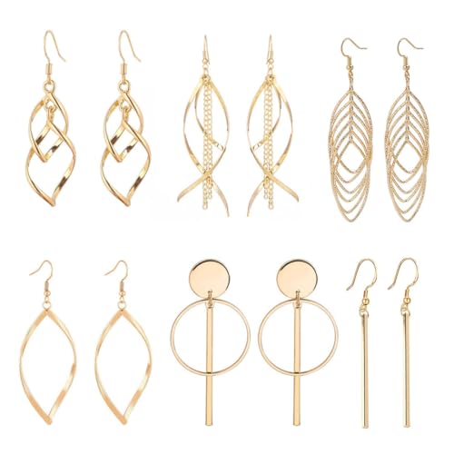 LEEQBCR 6 Pares Pendientes Boho Niñas Acero Inoxidable Hipoalergénico Borla Hoja Onda Bisutería (Oro)