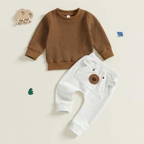 CIYCUIT Baby Boy Outfits Long Sleeve Waffle Tops Pants Set2