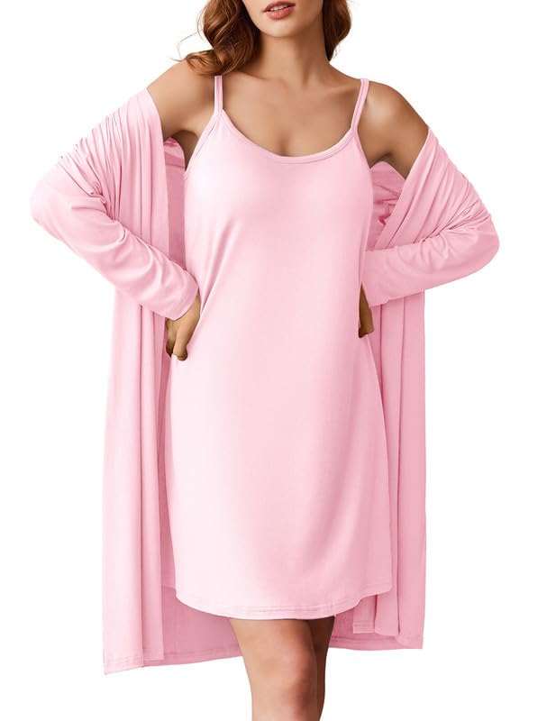 Ekouaer Robe Sets for Women 2 Pieces Nightgown Long Sleeves Bathrobe Soft Sleepwear 2025 Pink Large