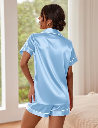 Ekouaer Pajamas for Women Set Silk Satin Pjs Button Down Sleepwear Summer Loungewear Top and Shorts Lounge Set S-XXL