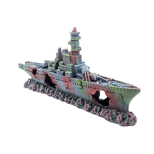 Image of Ulifery Aquarium Shipwreck Sunken Pirate Ship Boat, Battleship Aquarium Decorations Fish Tank Shipwreck Decorations Military Ship for Betta, Middle Size