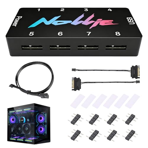 ARGB Controller, HOVCEH 5V 3 PIN Controlador ARGB, Hub Para Ventiladores PC RGB con 2 Puertos de Alimentación SATA y 8 Puertos, Procesador con Núcleo RISC-V, Compatible con SignalRGB y OpenRGB