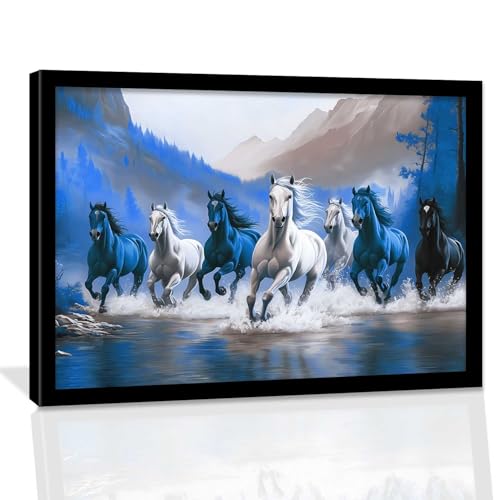 Image of HOTHOUSE Seven Running Vastu Lucky Horse and Rising Sun Painting | 7 Horses Vastu Frame Wall Art Painting for Living Room Bedroom Office Home Decor Wall Decor Size (19X25 inch)