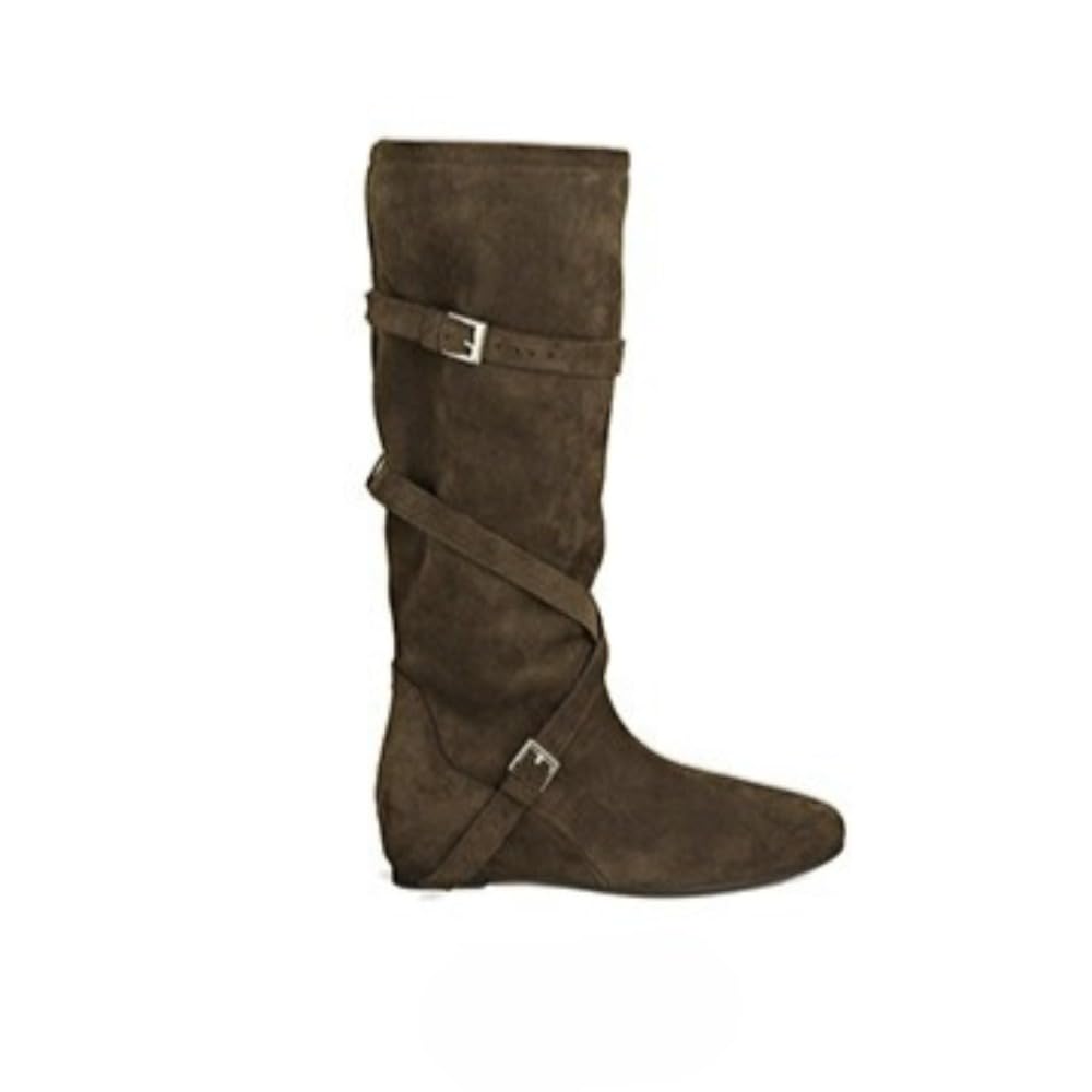 Western Cowboy Boots for Women Pointed Toe Flat Knee High Cowgirl Boots with Buckle Strap Pull-On Retro Riding