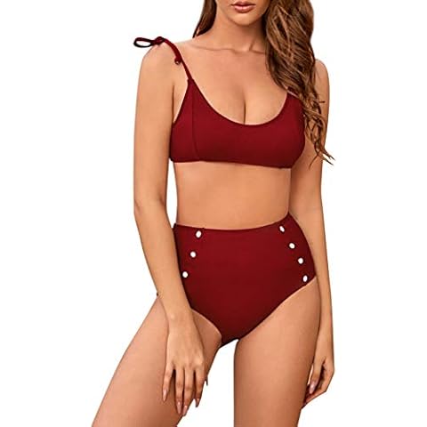 MOLYBELL Women's 2 Pieces Petite Swimsuit, Adjustable Tied Straps Padded, High Waisted Tummy Control Bottom Bikini Sets - red - Small Cover