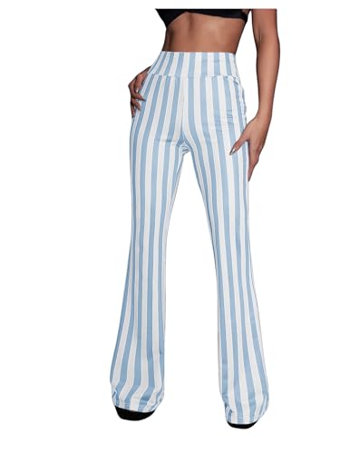 Women's Striped Flare Leg Pants Elastic High Waist Casual Trousers