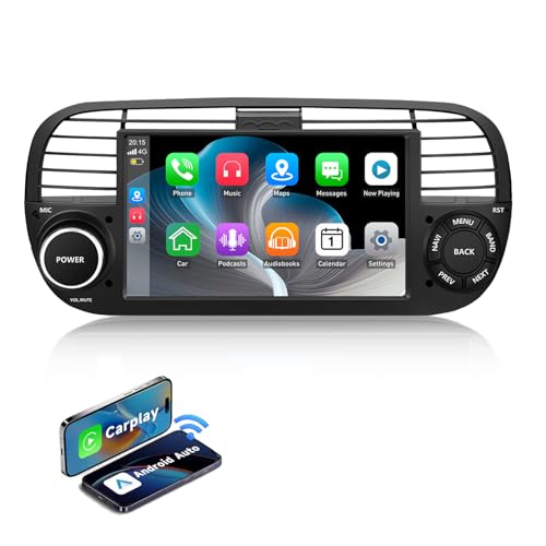 ESSGOO 4+64G Car Stereo Wireless Autoradio Android 14 Carplay and Android Auto For FIAT 500 2007-2015 with 7 inch HD Touchscreen Bluetooth FM GPS Navigation RDS WiFi USB Black