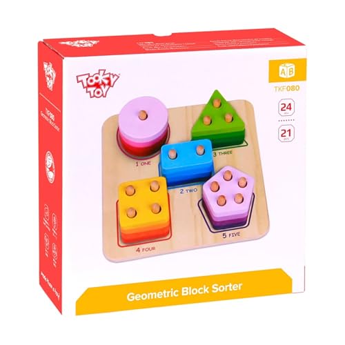 Image of Tooky Toy Wooden Geometric Block Sorter in Red for Kids